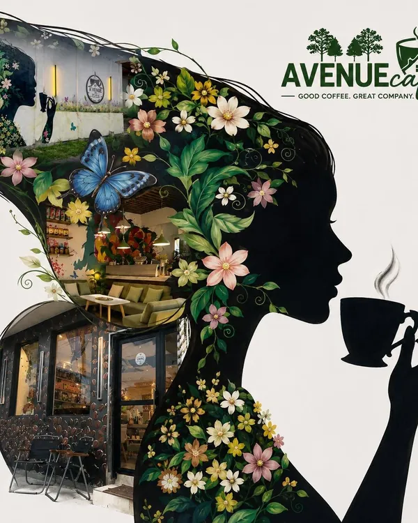 The café’s mural: a woman’s silhouette filled with flowers, sipping coffee, beside the A’venue Café logo